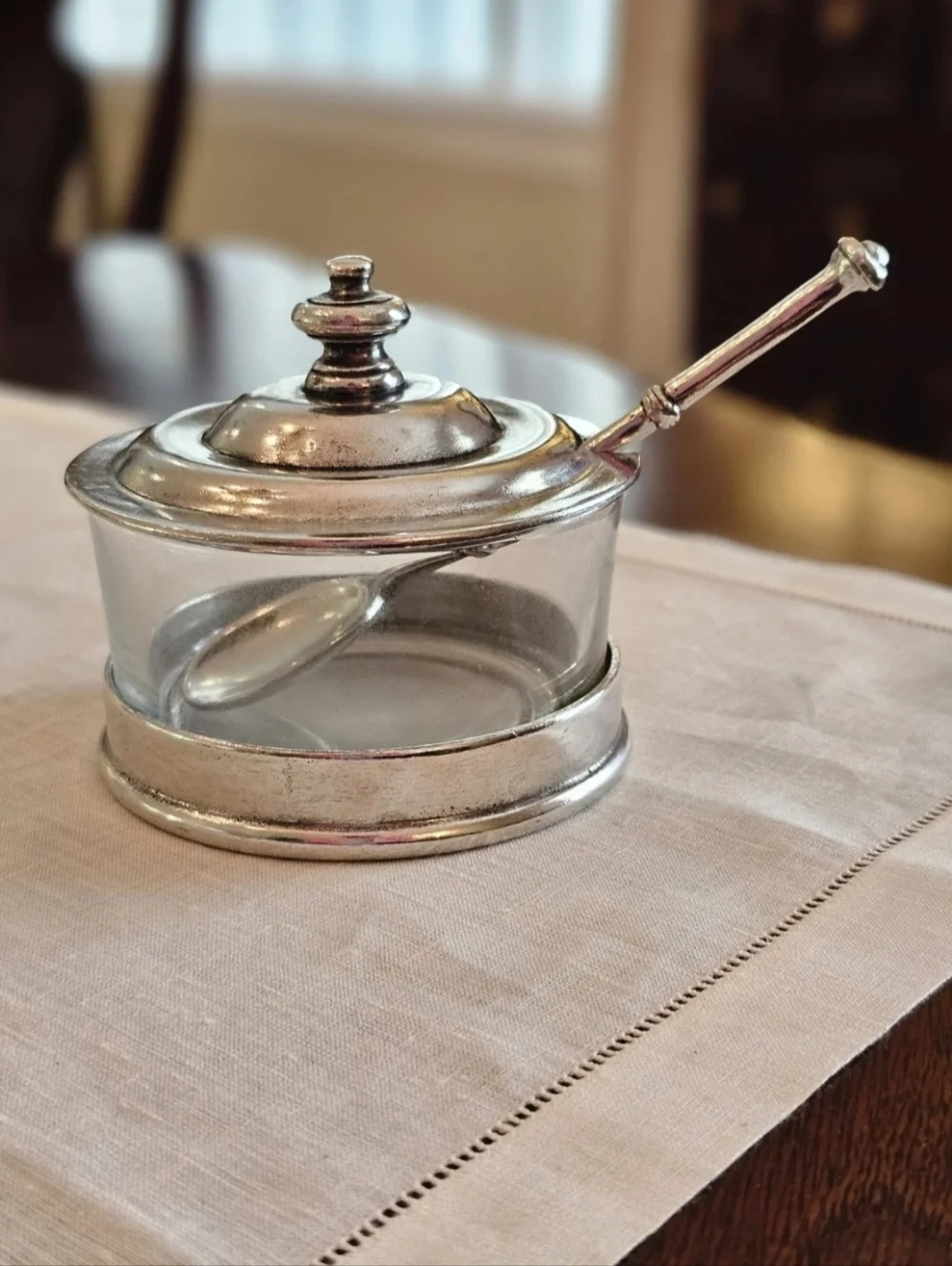 Valpeltro Artale Pewter & Glass Jam Pot with Lid Spoon Made Italy Vintage Rare